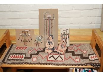 NATIVE AMERICAN STORYTELLER FIGURES SIGNED BY PITA LUCERO JEMEZ 6 WITH SIGNED SAND ART PIECES & NAVAJO WEAVI