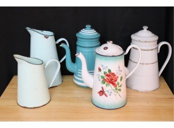 VINTAGE ENAMELED WARE INCLUDES EUROPEAN COFFEE BIGGINS, COFFEE POT, & MATCHING PITCHERS