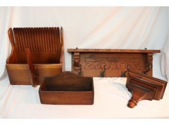 CARVED WOOD WALL SHELF WITH HOOKS AND DECORATIVE WOOD WALL SCONCE & WOOD BOX