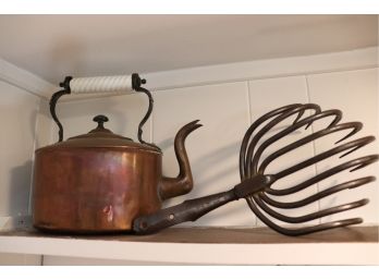 VINTAGE HAND FORGED COPPER KETTLE WITH SCROLLED PORCELAIN HANDLE 12 W X 8 TALL & VINTAGE FARM TOOL