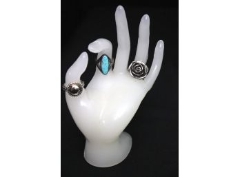LOT OF 3 RINGS INCLUDES STERLING SIZE 7,STERLING TURQUOISE  RING SIZE 7.25 & JCM ROSE RING SIZE 7