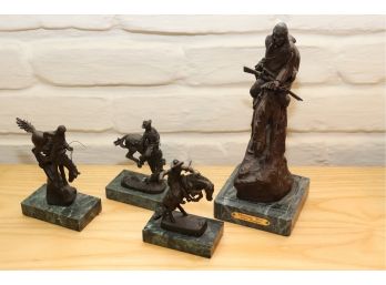 LOT OF 4 MINIATURE BRONZE STATUES BY FREDERICK REMINGTON INCLUDING MOUNTAIN MAN