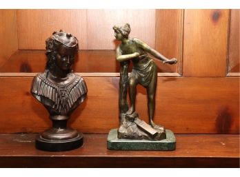 ARCHERY BRONZE ON STONE BASE & NATIVE AMERICAN BRONZE BUST APPROXIMATELY 9 TALL