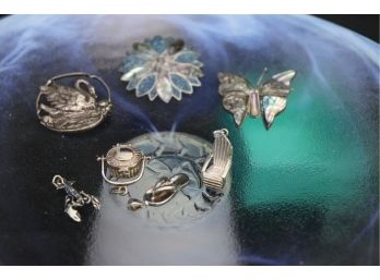STERLING SILVER INCLUDES MEXICAN BUTTERFLY AND MOTHER OF PEARL PINS WITH STERLING CHARMS, CAN SHIP