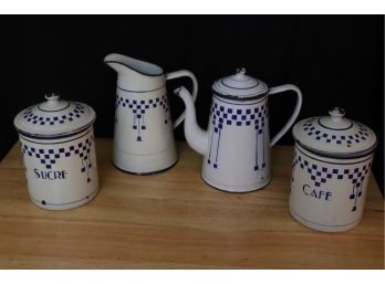 VINTAGE SET OF  EUROPEAN ENAMELED WARE INCLUDES BODY PITCHER, COFFEE POT, SUCRE & CAFE CANISTERS