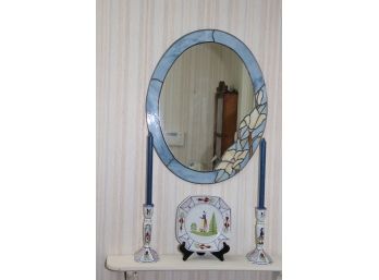 BEAUTIFUL SLAG GLASS MIRROR WITH QUIMPER FRANCE PLATE 9 DIAMETER & MATCHING CANDLESTICKS 9 TALL