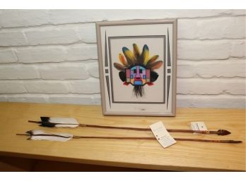 CONTEMPORARY FRAMED MASK BY JESSE T. HUMMINGBIRD CHEROKEE HERITAGE & PURPLE COYOTE ARROWS BY REYNOLD LITTLE SI