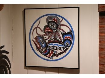 FRAMED NATIVE AMERICAN ARTWORK 'OCTOPUS AND SCULPIN' SIGNED BY ARTIST E.A. HUNT MEASURES 20 W X 21 TALL