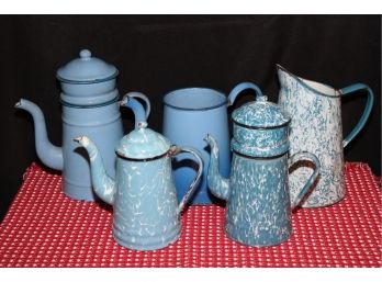 LOT OF VINTAGE ENAMELED WARE INCLUDES EUROPEAN COFFEE BIGGINS & PITCHER IN ASSTD BLUE FINISHES