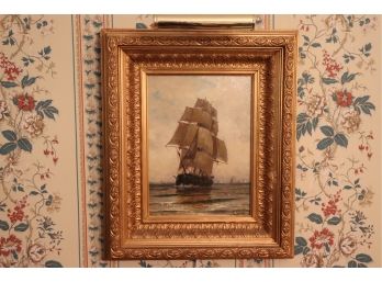 SIGNED NAUTICAL SAILBOAT BY H. CHASE PARIS 1877 IN BEAUTIFUL ORNATE GOLD WOOD FRAME WITH LIGHT