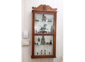 INTRICATE CARVED WOOD DISPLAY CABINET WITH GLASS SHELVES INCLUDES METAL & STONE ASIAN FIGURINES