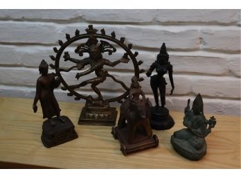 MIXED LOT OF HEAVY METAL CAST PIECES INCLUDES CAST METAL BUDDHA AND INDIAN DEITY GODDESS STATUES