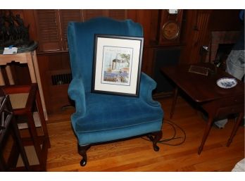 VINTAGE WING BACK HICKORY BLUE CORDUROY ARM CHAIR WITH CURVED QUEEN ANNE STYLE LEGS & HENNESSY COGNAC PRINT