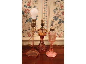3 VINTAGE DEPRESSION GLASS LAMPS IN GORGEOUS PINK, PEACH, AND AMBER COLORED TONES