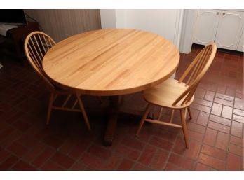 BUTCHERS BLOCK STYLE ROUND TABLE ON SOLID WOOD PEDESTAL 45' DIAMETER WITH 2 CHAIRS