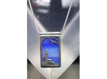 STERLING SILVER LIGHTHOUSE 2' PENDANT WITH BLUE STONE ON  20' LONG ROUND SNAKE STYLE CHAIN, CAN SHIP