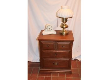 TRADITIONAL STYLE WOOD NIGHTSTAND & BRASS HURRICANE LAMP WITH OPAL MELON LAMP SHADE