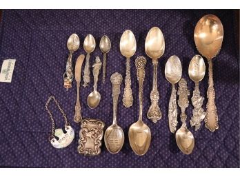 MIXED LOT OF DECORATIVE SPOONS INCLUDING 8 STERLING SOUVENIR SPOONS, STERLING MATCH SAFE & BUTTER KNIFE