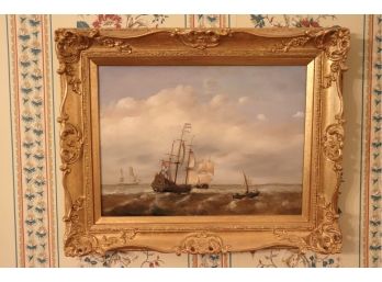 'SHIPPING IN DUTCH WATERS' SIGNED OIL ON CANVAS BY MAUD RAMSEY OCT 11TH 1909 IN GILDED FRAME