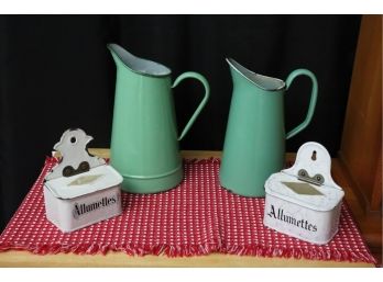 VINTAGE ENAMELED WARE INCLUDES 2 VINTAGE FRENCH STYLE MATCH BOXES & 2 LARGE GREEN EUROPEAN PITCHERS 12 TALL