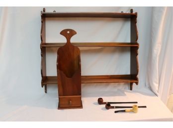 VINTAGE WOOD WALL SHELF WITH HANDMADE WALL BOX AND TOBACCO PIPES INCLUDES CHURCH WARDEN ITALY & DR. GRABOW