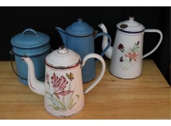 VINTAGE ENAMELED WARE INCLUDES MATCHING BLUE AMERICAN LIDDED PAIL WITH COFFEE POT & 2 FLORAL EUROPEAN COFFE PO