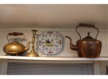 VINTAGE COPPER AND BRASS TEA KETTLES WITH CANDLESTICK AND QUIMPER PORCELAIN POTTERY ART CLOCK