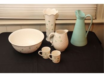 VINTAGE BELLEEK POTTERY INCLUDES LARGE SERVING BOWL, PITCHER, VASE & CUPS WITH BROWN AND BLUE STAMPS