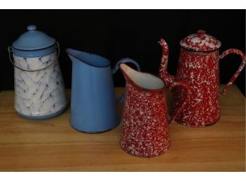 VINTAGE ENAMELED WARE INCLUDES 2 MEASURING PITCHERS, RED MARBLED EUROPEAN COFFEE POT & BLUE CREAM PAIL