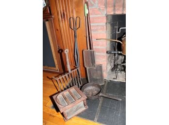 VINTAGE FIREPLACE TOOLS AND COOKING UTENSILS INCLUDES GRILL PIECE, COAL BOX STAND, POPCORN TOOL, LARGE TONGS