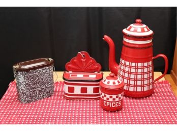 VINTAGE ENAMELED WARE INCLUDES 1930S STYLE FRENCH RED & WHITE CHECKERED COFFEE BIGGIN WITH MATCH BOX & SPICE
