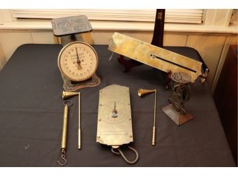 VINTAGE SCALES INCLUDES C. FORSCHNERS, CHATILLIONS NEW YORK USA 100LBS SPRING SCALE & BRASS CANDLE SNUFFS