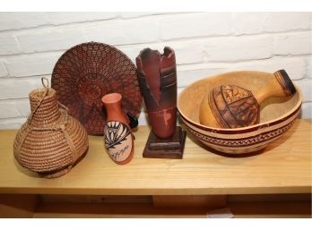 NATIVE AMERICAN POTTERY AND WOVEN ACCESSORIE INCLUDES 12 TALL VASE ON WOOD BLOCK & SMALL SIGNED VASE BY EDWIN