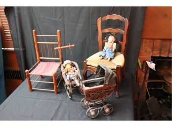 CHILDRENS WOOD CHAIR WITH WOVEN RUSH SEATING INCLUDES DOLL CARRIAGE, SLED, AND DOLLS VINTAGE