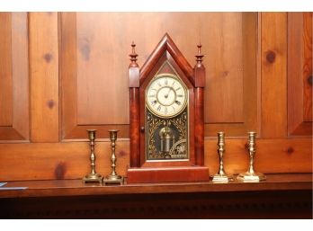 VINTAGE ROSEWOOD VENEER STEEPLE SHELF CLOCK WITH GOLD ETCHED DETAIL & 2 PAIRS OF BRASS CANDLESTICKS