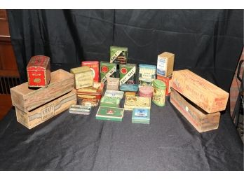 LARGE LOT OF COLLECTIBLE TOBACCO TINS, MEDICINE TINS, AND CHEESE BOXES INCLUDES LUCKY STRIKE, PRINCE ALBERT &