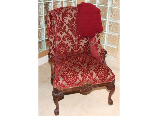CUSTOM BURGUNDY VELVET LOUIS XV STYLE WING CHAIR WITH CHIPPENDALE STYLE LEGS AND CLAW FEET