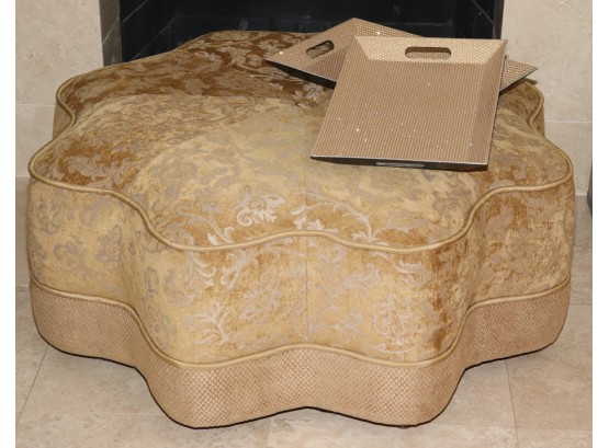 CONTEMPORARY STAR SHAPED OTTOMAN WITH CUSTOM GOLD SCROLLED VELVET FABRIC & SPARKLE TRAYS