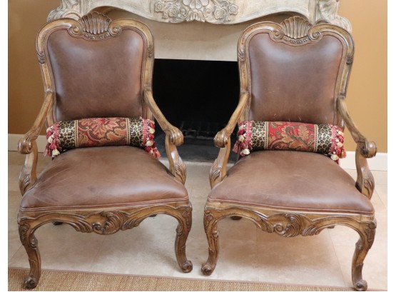 PAIR OF QUALITY BROWN LEATHER LOUIS XV STYLE CARVED ACCENT CHAIRS WITH SHELL MOTIF