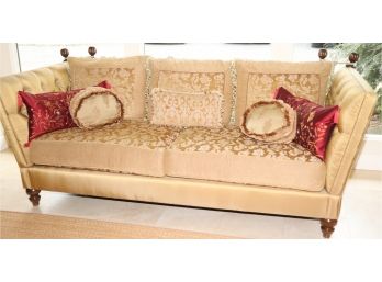 CLASSIC KNOWLE ENGLISH STYLE SOFA WITH TUFTED ARMS AND VELVET/SILK SCROLL PATTERN FABRIC