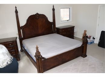 KING SIZED HEADBOARD AND FRAME WITH MAHOGANY VENEER FINISH, SHOWS SOME WEAR