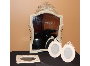 ORNATE FLORAL MIRROR WITH CARVED FLORAL CROWN & SIDES, MEASURES 16 W X 26 TALL INCLUDES PICTURE FRAMES