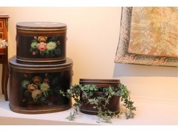 SET OF 3 LARGE DECORATIVE BOXES WITH FLORAL DETAIL AND HANDLES