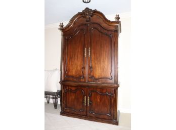 LARGE 2 DOOR MEDIA ARMOIRE WITH ORNATE CROWN, INCLUDES POLE FOR WARDROBE 54 W X 24 D X 92 TALL