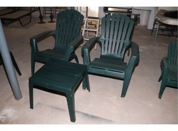 2 PLASTIC ADIRONDACK STYLE CHAIRS 30 W X 26 D X 36 TALL, AND SQUARE SIDE TABLE, 20 SQ X 18 TALL