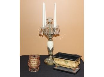GORGEOUS ONYX AND METAL GOLD FINISHED CANDELABRA WITH HANGING CRYSTALS & FRENCH STYLE PLANTER