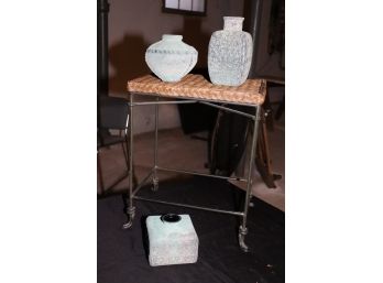 SANDBLASTED POTTERY AND SMALL WICKER STYLE SIDE TABLE 16 W X 12 D X 20 TALL