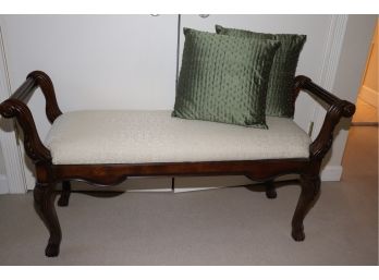 ELEGANT ROLLED ARM WOOD BENCH WITH GREEN PILLOWS 51 W X 15 D X 25 TALL