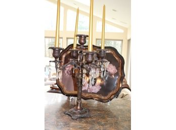 DECORATIVE CAST METAL CANDELABRA WITH OIL RUBBED BRONZE FINISH & HANGING CRYSTALS & FLORAL TRAY