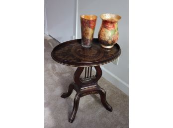 SMALL STENCILED SIDE TABLE WITH HARP STYLE BASE AND MATCHING FLORAL VASES